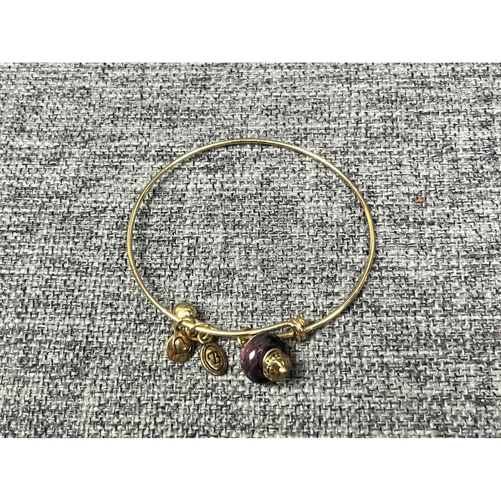 Brighton Gold Tone Adjustable Bangle Purple Bead Heart B Logo Charm Bracelet VTG - Picture 4 of 5